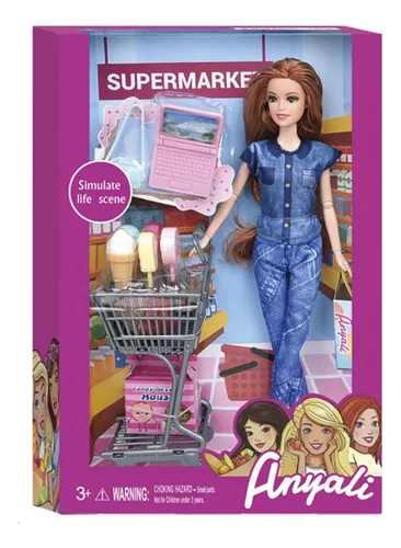 Juguete Muñeca Articulada Con Set De Supermercado 13 Piezas