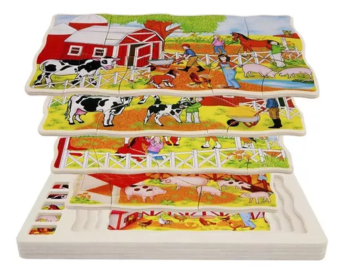 Puzzles 12 Piezas 5 En 1 Animales De Madera 28 Cm +3 Años