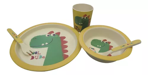 Set Bazar X 5 Fibra De Bambú Vaso Plato Bowl Cubiertos Bebe