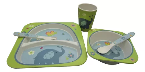 Set Bazar X 5 Fibra De Bambú Vaso Plato Bowl Cubiertos Bebe