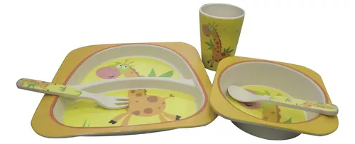 Set Bazar X 5 Fibra De Bambú Vaso Plato Bowl Cubiertos Bebe