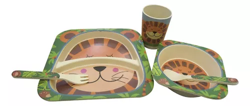 Set Bazar X 5 Fibra De Bambú Vaso Plato Bowl Cubiertos Bebe