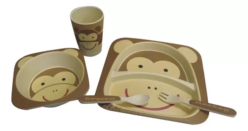 Set Bazar X 5 Fibra De Bambú Vaso Plato Bowl Cubiertos Bebe