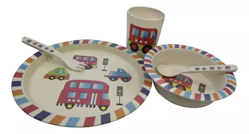 Set Bazar X 5 Fibra De Bambú Vaso Plato Bowl Cubiertos Bebe