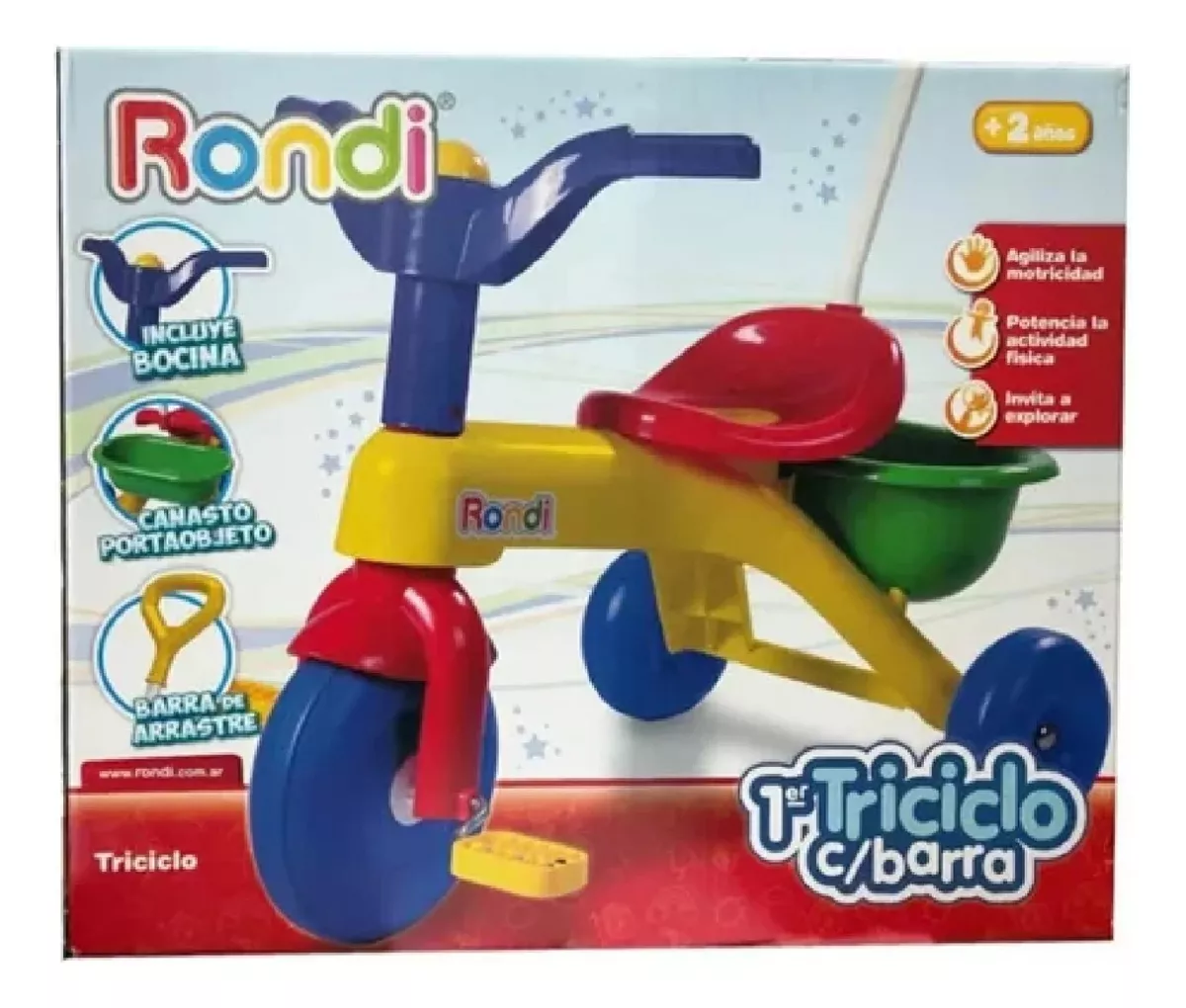 Triciclo Con Barra Arrastre Rondi Bocina Canasta +2 Años