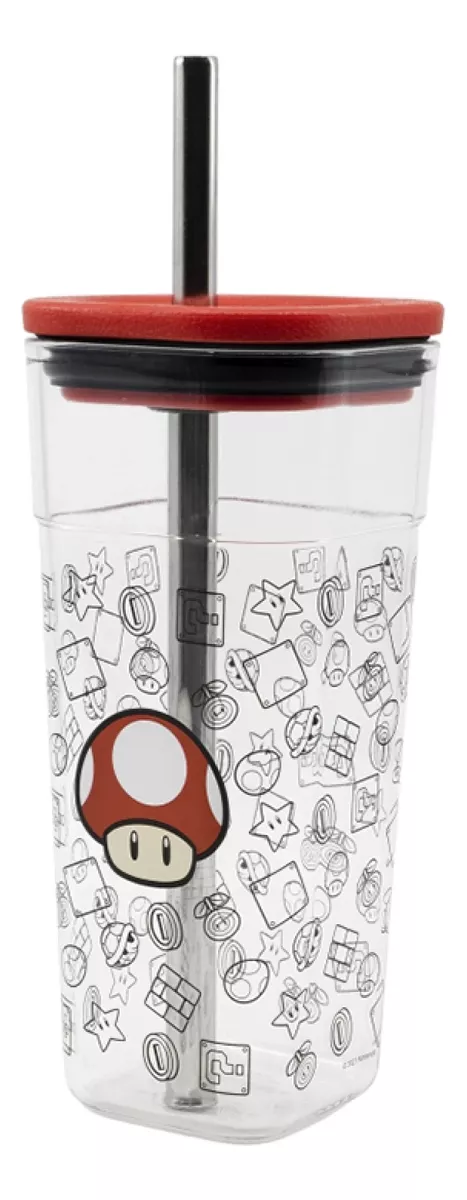 Vaso Acrílico Cuadrado Mario Bros Con Pajita 540 Ml