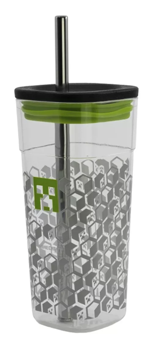 Vaso Acrílico Cuadrado Minecraft Creeper Con Pajita 540 Ml