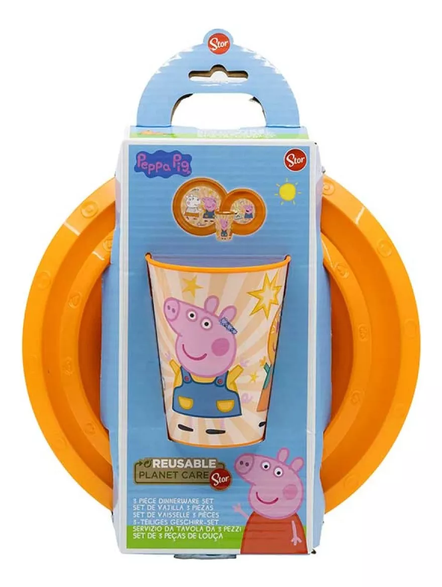 Set X 3 Piezas Bazar Plástico Peppa Pig Vaso Plato Bowl