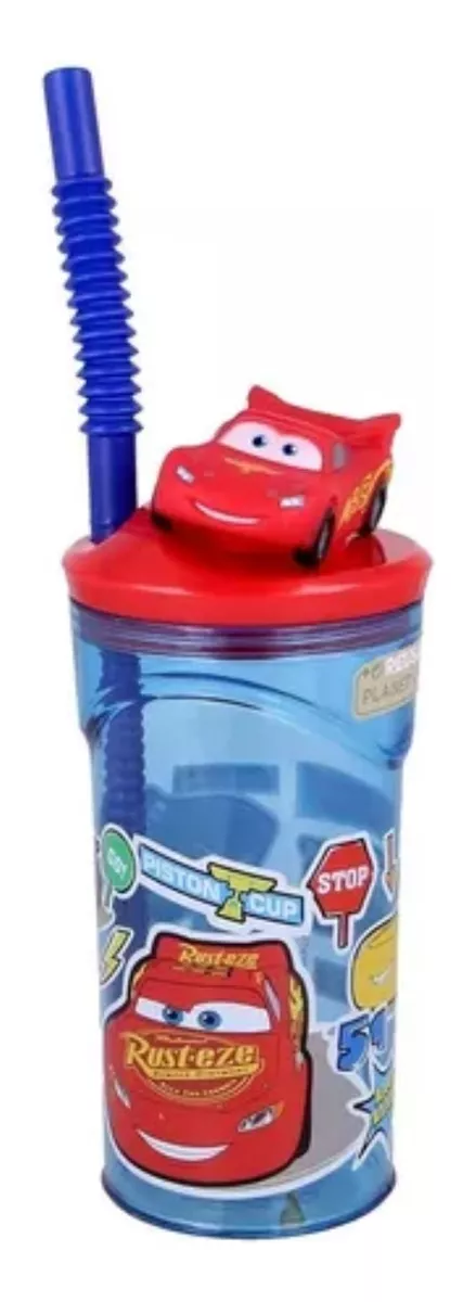 Vaso Alto Con Forma 3d Cars 18 Cm 360ml Azul Auto Pajita