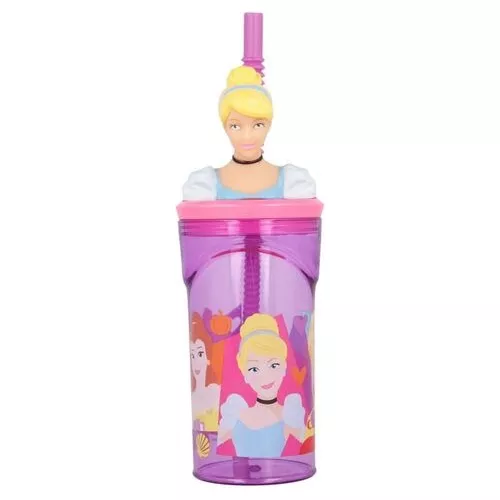 Vaso Alto Con Forma 3d Princesa 360ml Rosa Disney Pajita