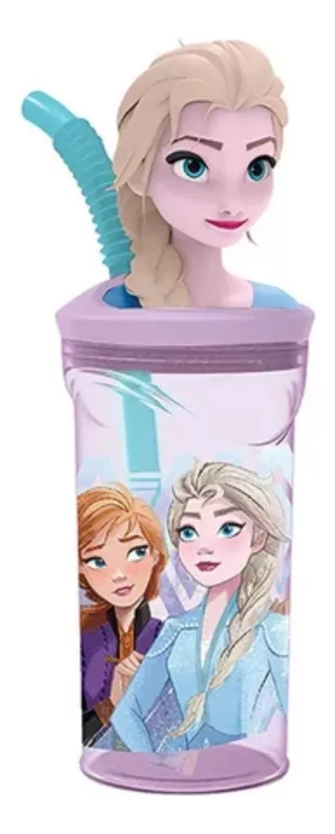 Vaso Alto Con Forma 3d Frozen 18 Cm 360ml Rosa Pajita