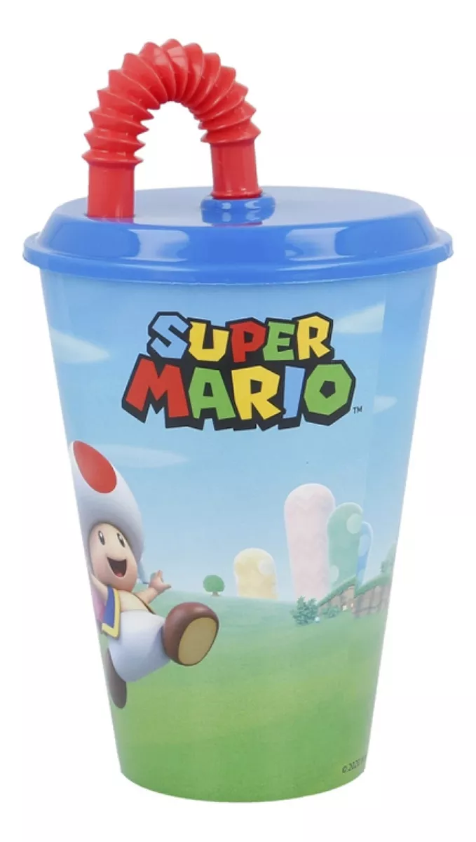 Vaso Plástico Con Pajita Retráctil Super Mario Bros 430 Ml