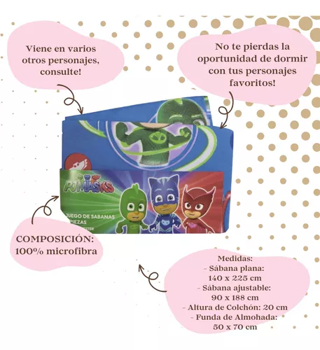 Juego Sábanas 1 Plaza Pj Masks Infantil Oficial 90x188x20