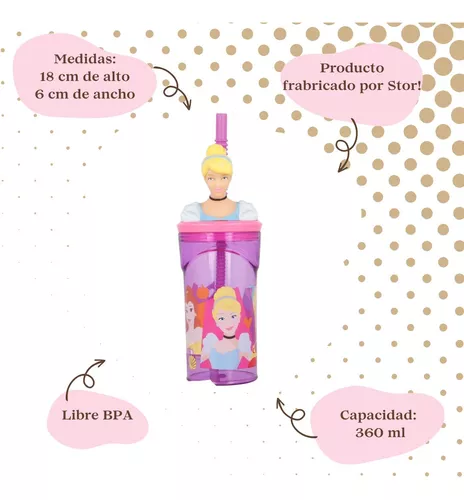 Vaso Alto Con Forma 3d Princesa 360ml Rosa Disney Pajita