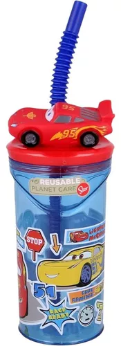 Vaso Alto Con Forma 3d Cars 18 Cm 360ml Azul Auto Pajita